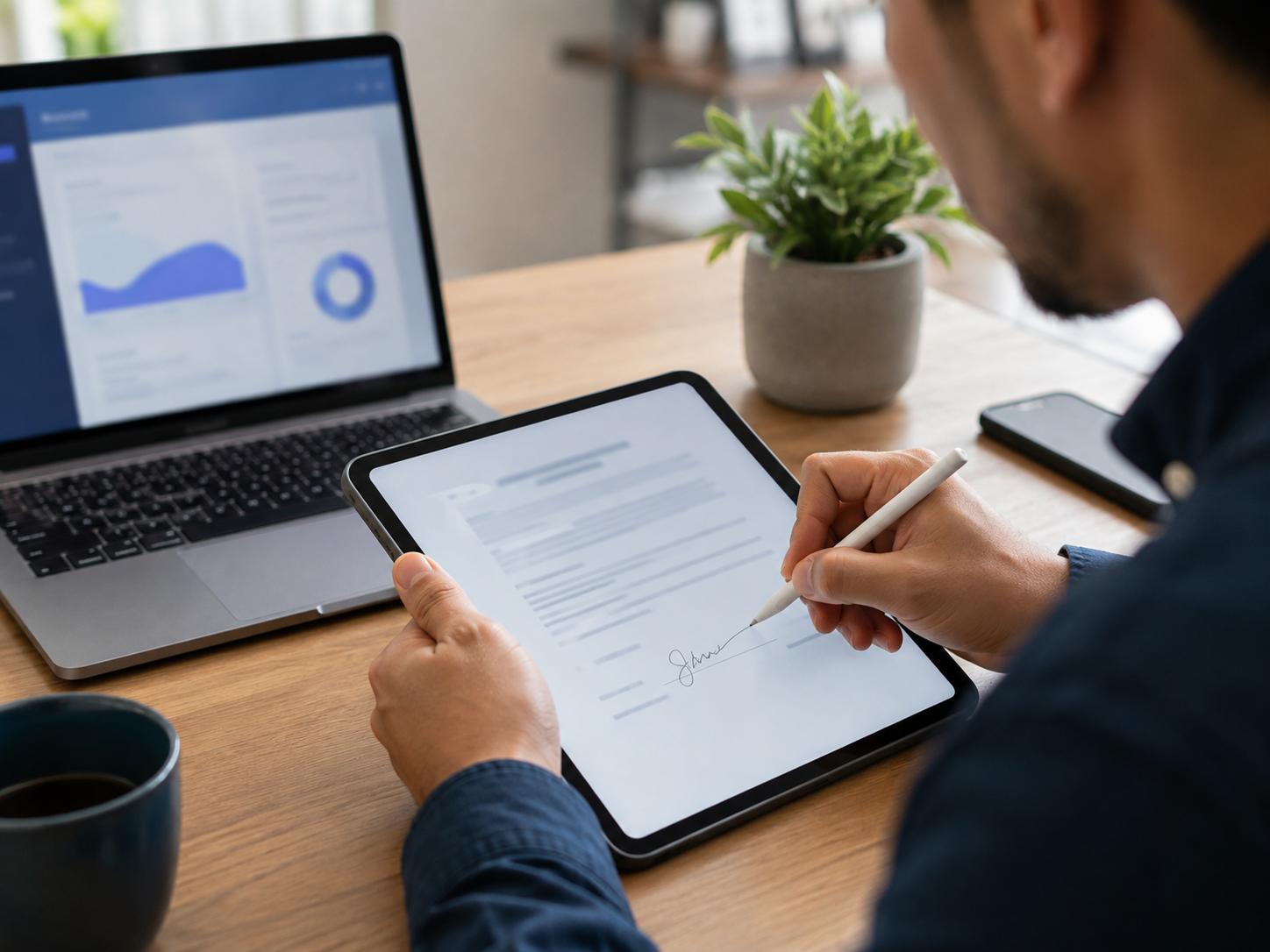 Client signing a simple digital agreement on a laptop
