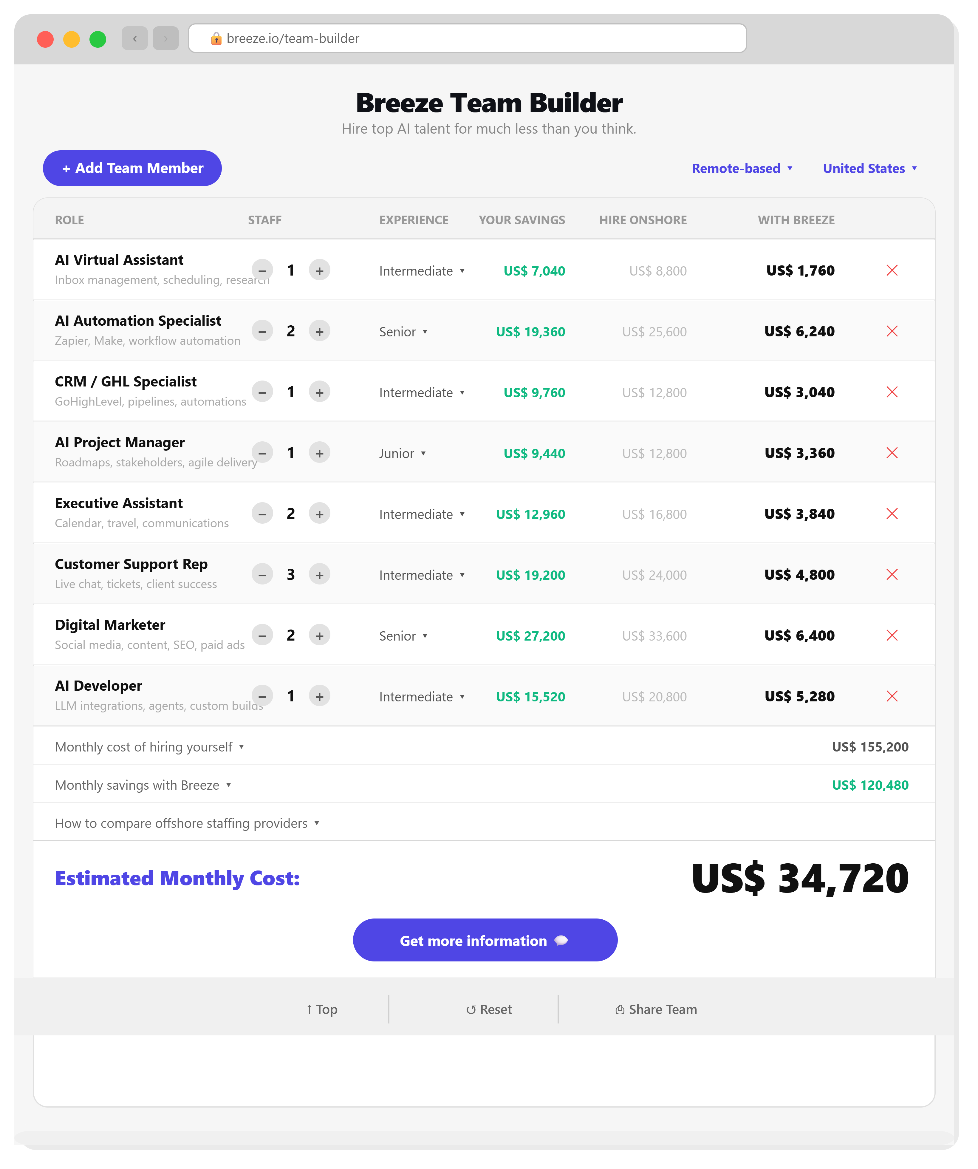 Breeze Team Builder, interactive savings calculator